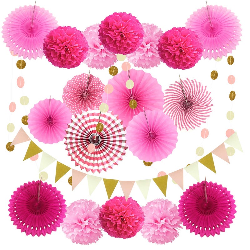 ZERODECO Party Decoration, 21 Pcs Pink Hanging Paper Fans, Pom Poms Flowers, Garlands String Polka Dot and Triangle Bunting Flags for Birthday Parties, Bridal Showers, Baby Showers, Wedding - Image 1
